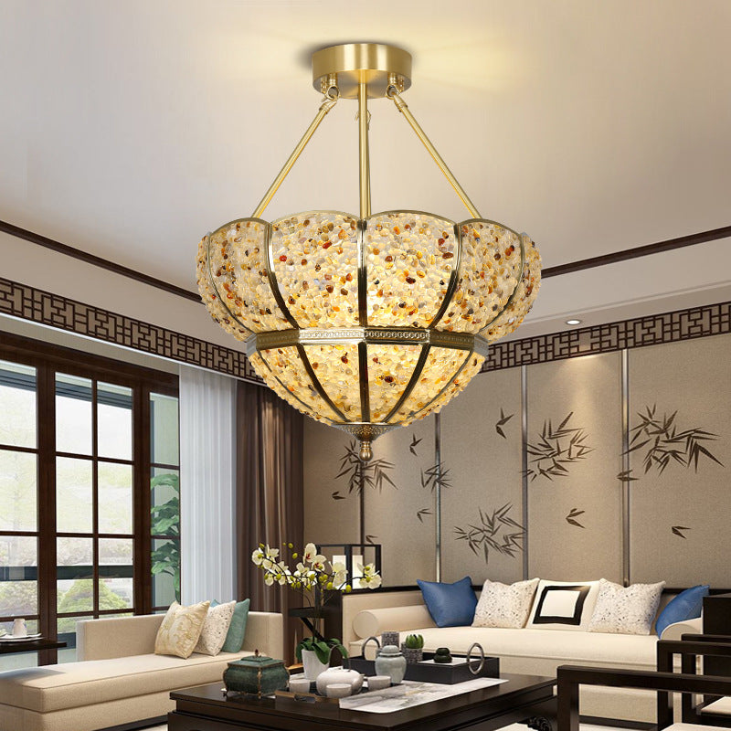 Traditional Vintage Semicircle Umbrella Copper Crystal 3-Light Pendant Light For Living Room