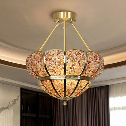 Traditional Vintage Semicircle Umbrella Copper Crystal 3-Light Pendant Light For Living Room
