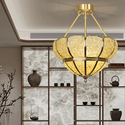Traditional Vintage Semicircle Umbrella Copper Crystal 3-Light Pendant Light For Living Room
