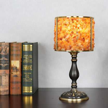 Contemporary Scandinavian Cylinder Striped Pellet Shard Disc Base Crystal Copper 1-Light Table Lamp For Bedroom