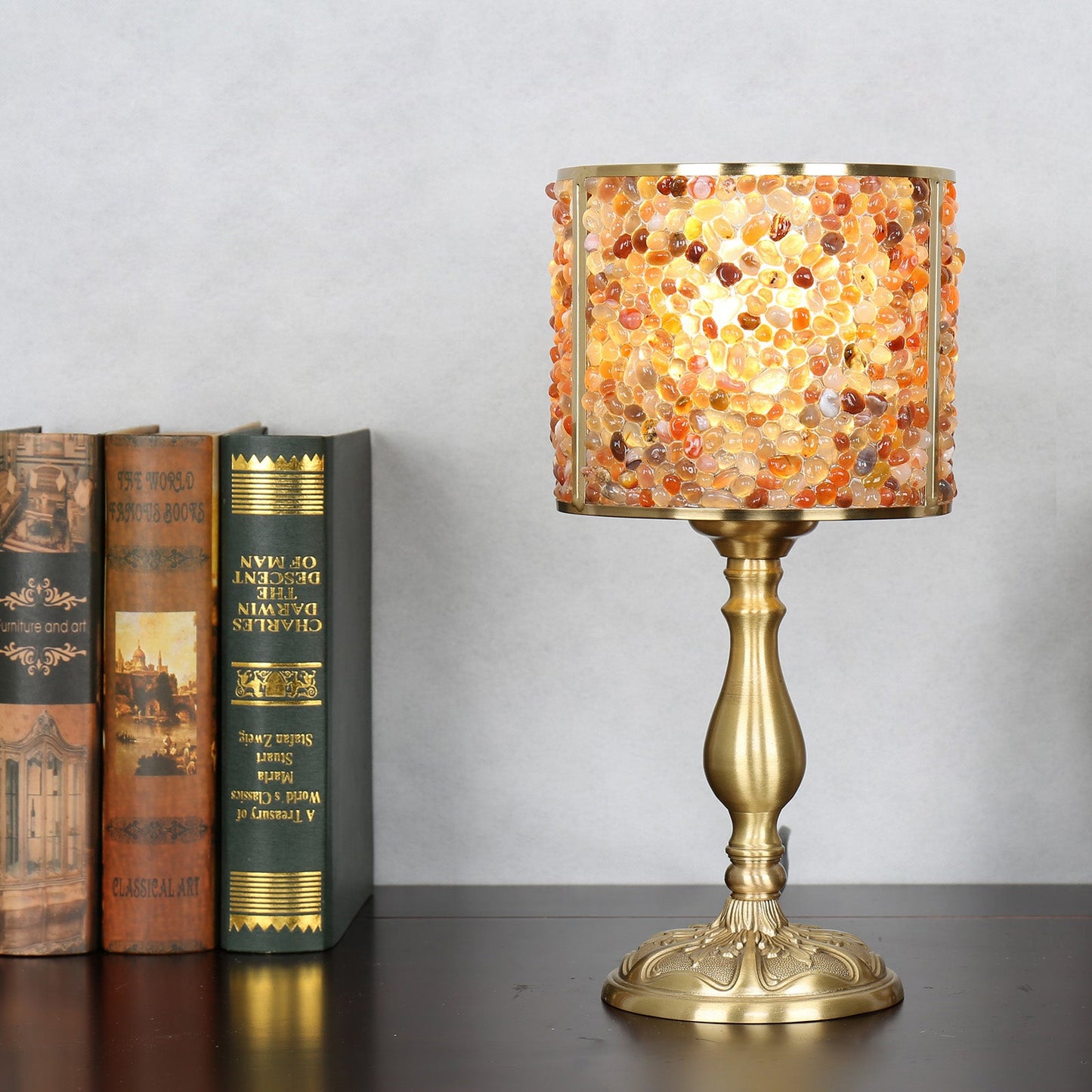 Contemporary Scandinavian Cylinder Striped Pellet Shard Disc Base Crystal Copper 1-Light Table Lamp For Bedroom