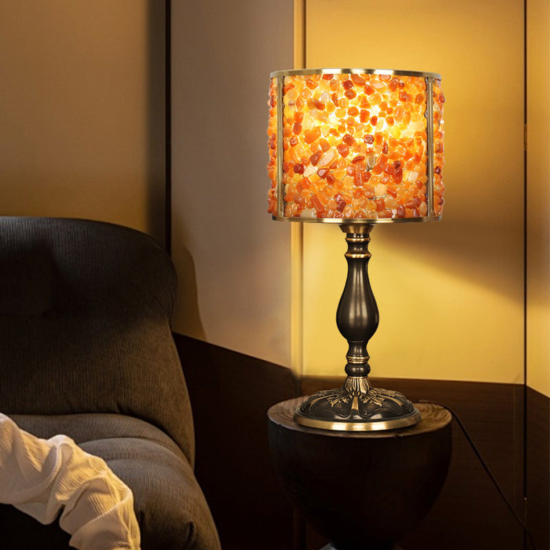 Contemporary Scandinavian Cylinder Striped Pellet Shard Disc Base Crystal Copper 1-Light Table Lamp For Bedroom