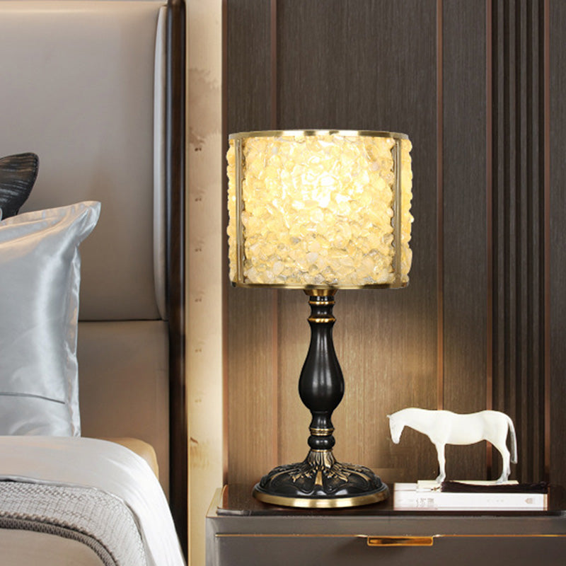 Contemporary Scandinavian Cylinder Striped Pellet Shard Disc Base Crystal Copper 1-Light Table Lamp For Bedroom