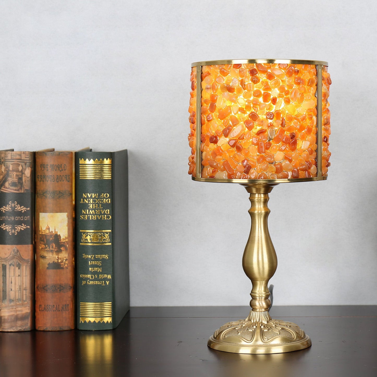 Contemporary Scandinavian Cylinder Striped Pellet Shard Disc Base Crystal Copper 1-Light Table Lamp For Bedroom