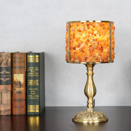 Contemporary Scandinavian Cylinder Striped Pellet Shard Disc Base Crystal Copper 1-Light Table Lamp For Bedroom