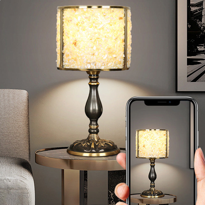 Contemporary Scandinavian Cylinder Striped Pellet Shard Disc Base Crystal Copper 1-Light Table Lamp For Bedroom