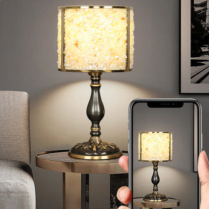 Contemporary Scandinavian Cylinder Striped Pellet Shard Disc Base Crystal Copper 1-Light Table Lamp For Bedroom