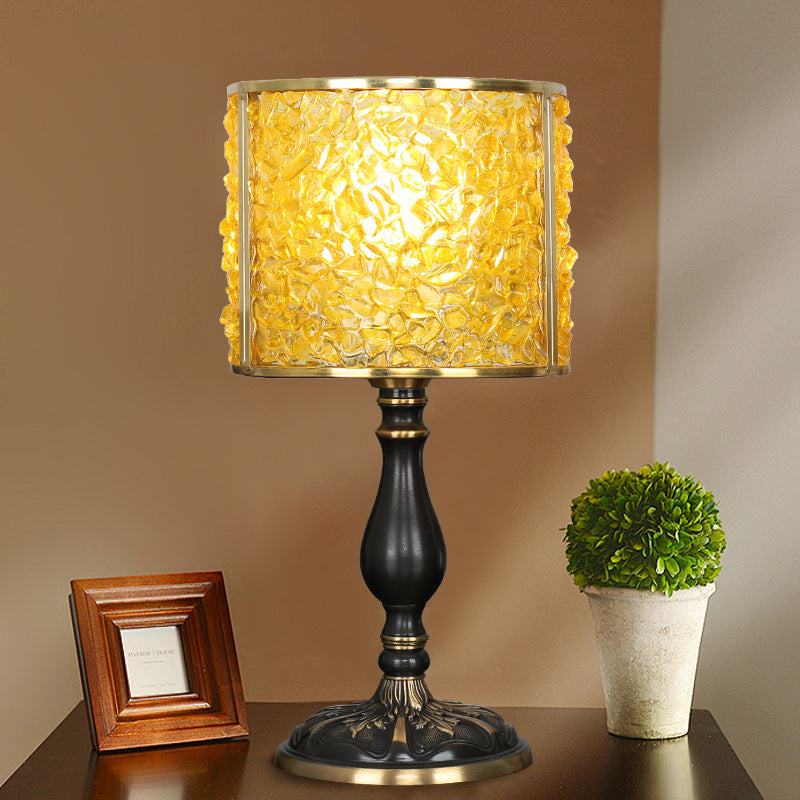 Contemporary Scandinavian Cylinder Striped Pellet Shard Disc Base Crystal Copper 1-Light Table Lamp For Bedroom