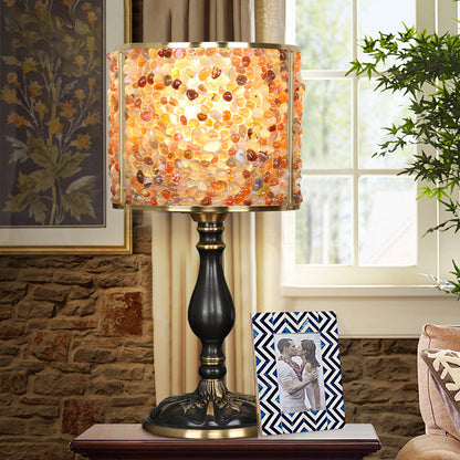 Contemporary Scandinavian Cylinder Striped Pellet Shard Disc Base Crystal Copper 1-Light Table Lamp For Bedroom