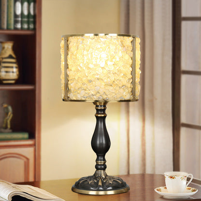 Contemporary Scandinavian Cylinder Striped Pellet Shard Disc Base Crystal Copper 1-Light Table Lamp For Bedroom