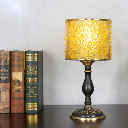 Contemporary Scandinavian Cylinder Striped Pellet Shard Disc Base Crystal Copper 1-Light Table Lamp For Bedroom