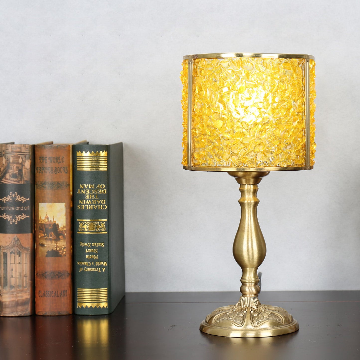 Contemporary Scandinavian Cylinder Striped Pellet Shard Disc Base Crystal Copper 1-Light Table Lamp For Bedroom