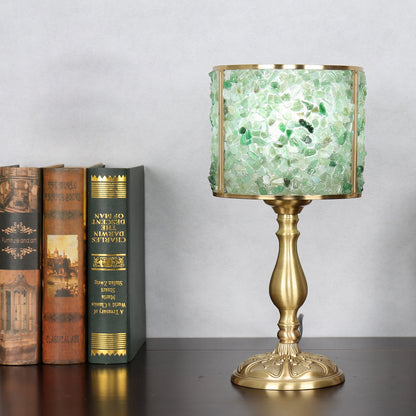 Contemporary Scandinavian Cylinder Striped Pellet Shard Disc Base Crystal Copper 1-Light Table Lamp For Bedroom