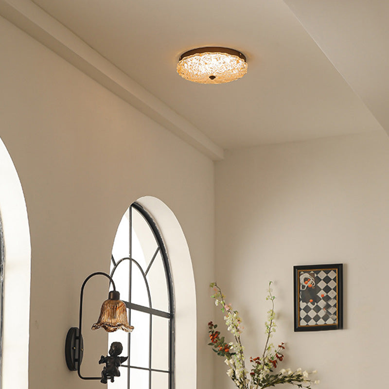 Traditional Vintage Round Flower Gold Foil Iron Resin LED Semi-Flush Mount Ceiling Light For Living Room