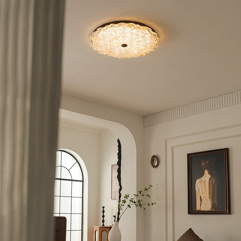 Traditional Vintage Round Flower Gold Foil Iron Resin LED Semi-Flush Mount Ceiling Light For Living Room