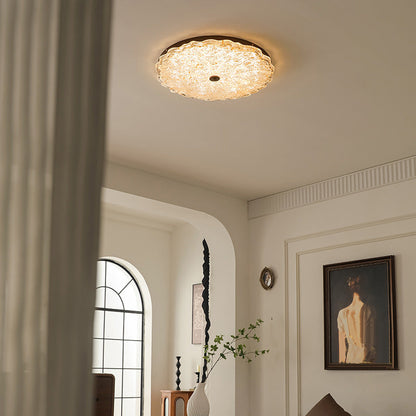 Traditional Vintage Round Flower Gold Foil Iron Resin LED Semi-Flush Mount Ceiling Light For Living Room