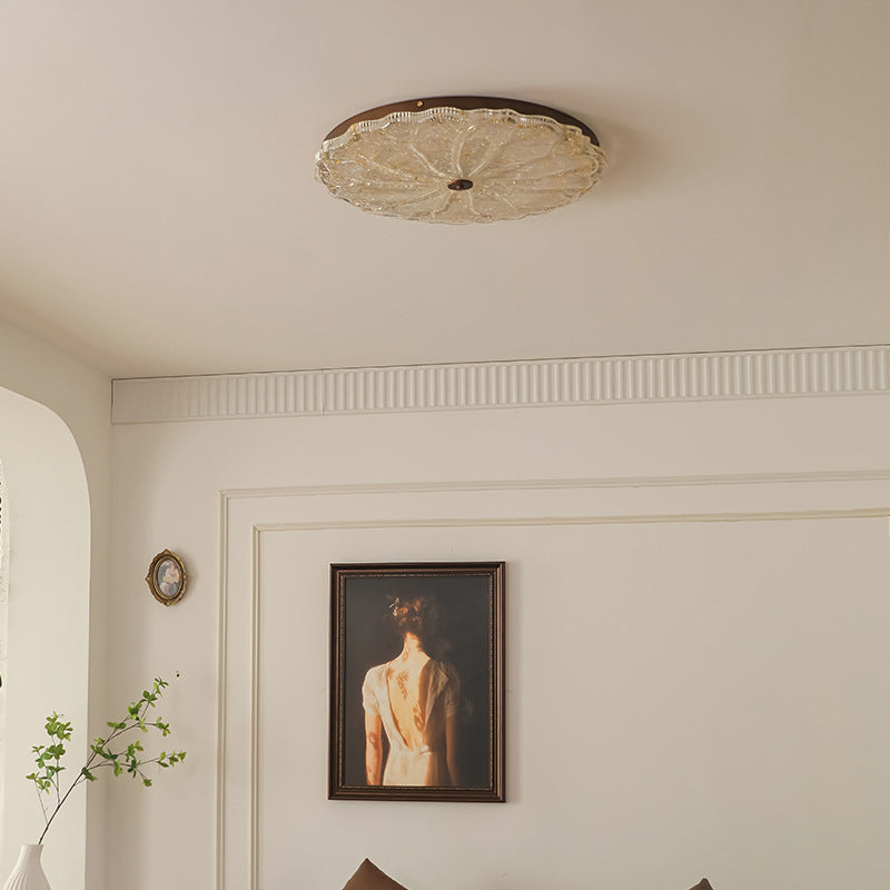 Traditional Vintage Round Flower Gold Foil Iron Resin LED Semi-Flush Mount Ceiling Light For Living Room