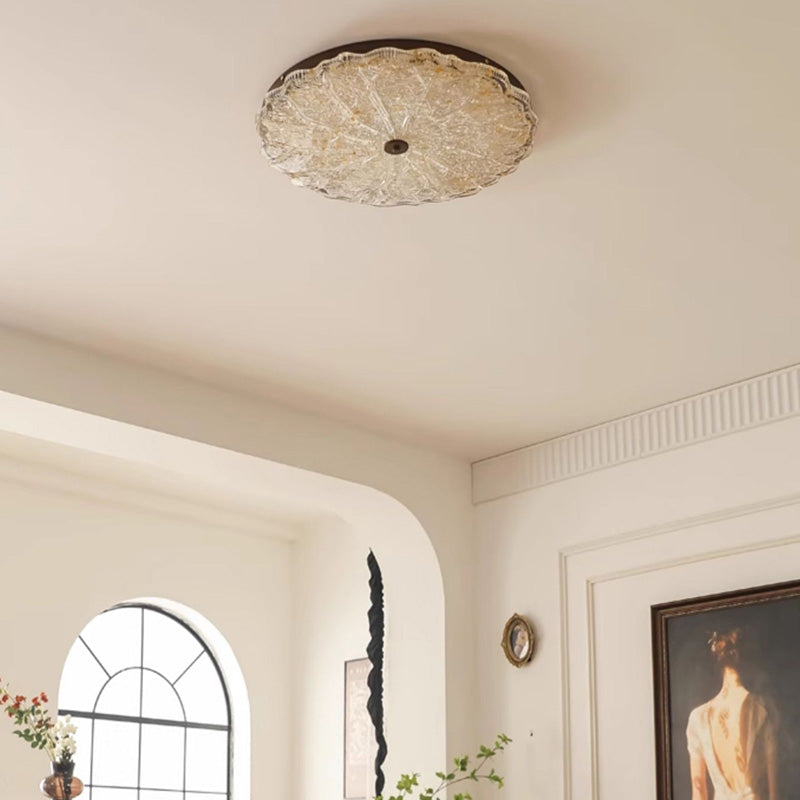 Traditional Vintage Round Flower Gold Foil Iron Resin LED Semi-Flush Mount Ceiling Light For Living Room