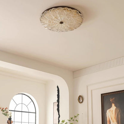 Traditional Vintage Round Flower Gold Foil Iron Resin LED Semi-Flush Mount Ceiling Light For Living Room