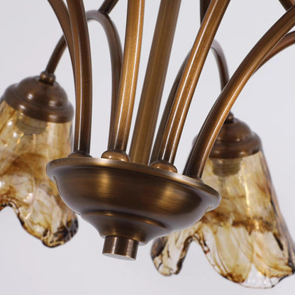 Traditional Vintage Branching Trombone Copper Glass 6/8 Light Chandelier For Living Room