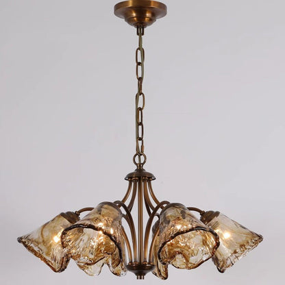 Traditional Vintage Branching Trombone Copper Glass 6/8 Light Chandelier For Living Room