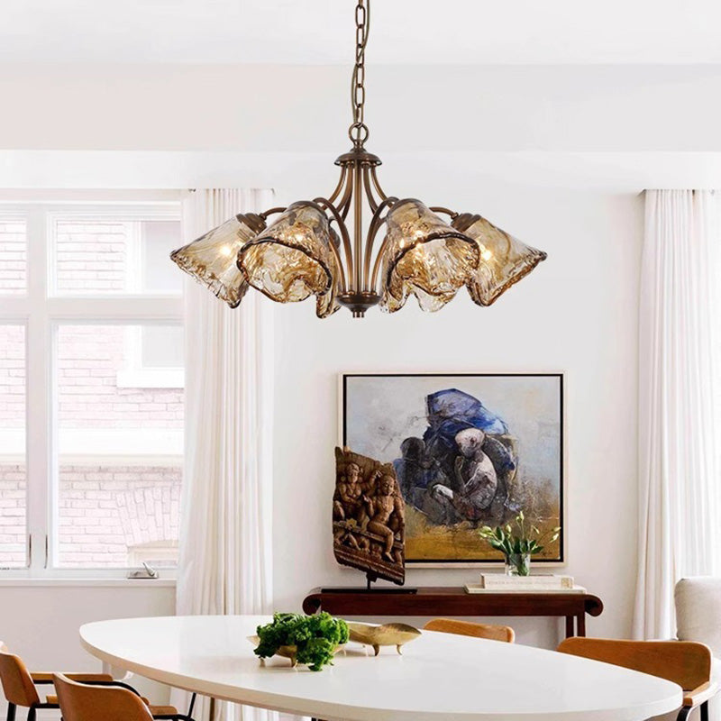 Traditional Vintage Branching Trombone Copper Glass 6/8 Light Chandelier For Living Room