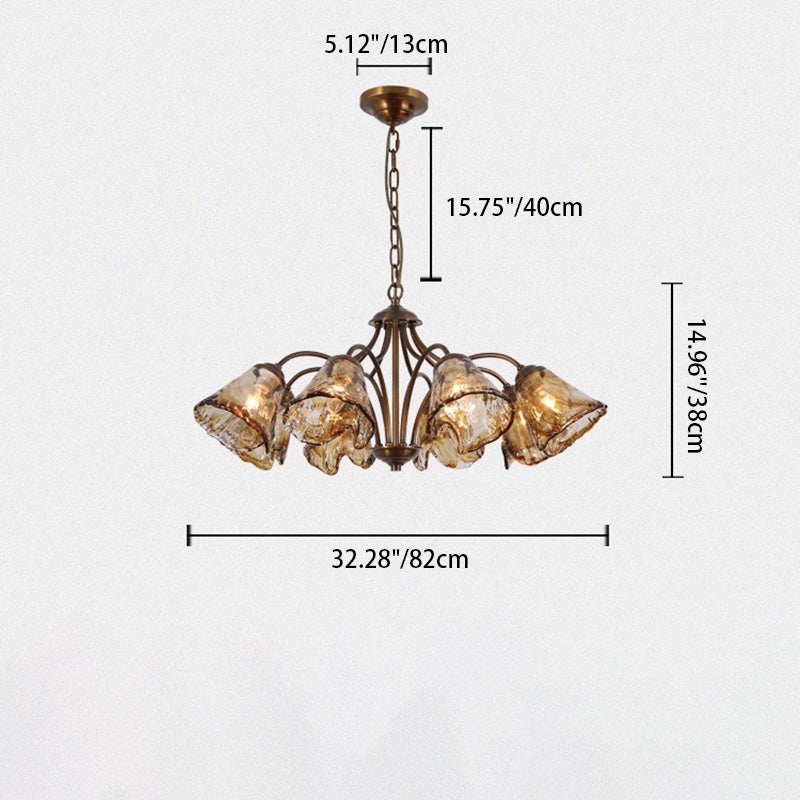 Traditional Vintage Branching Trombone Copper Glass 6/8 Light Chandelier For Living Room