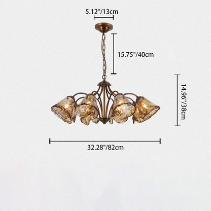 Traditional Vintage Branching Trombone Copper Glass 6/8 Light Chandelier For Living Room