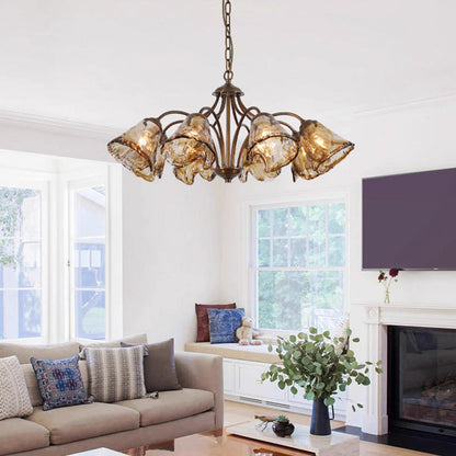 Traditional Vintage Branching Trombone Copper Glass 6/8 Light Chandelier For Living Room