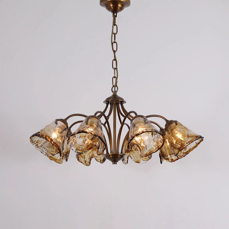 Traditional Vintage Branching Trombone Copper Glass 6/8 Light Chandelier For Living Room