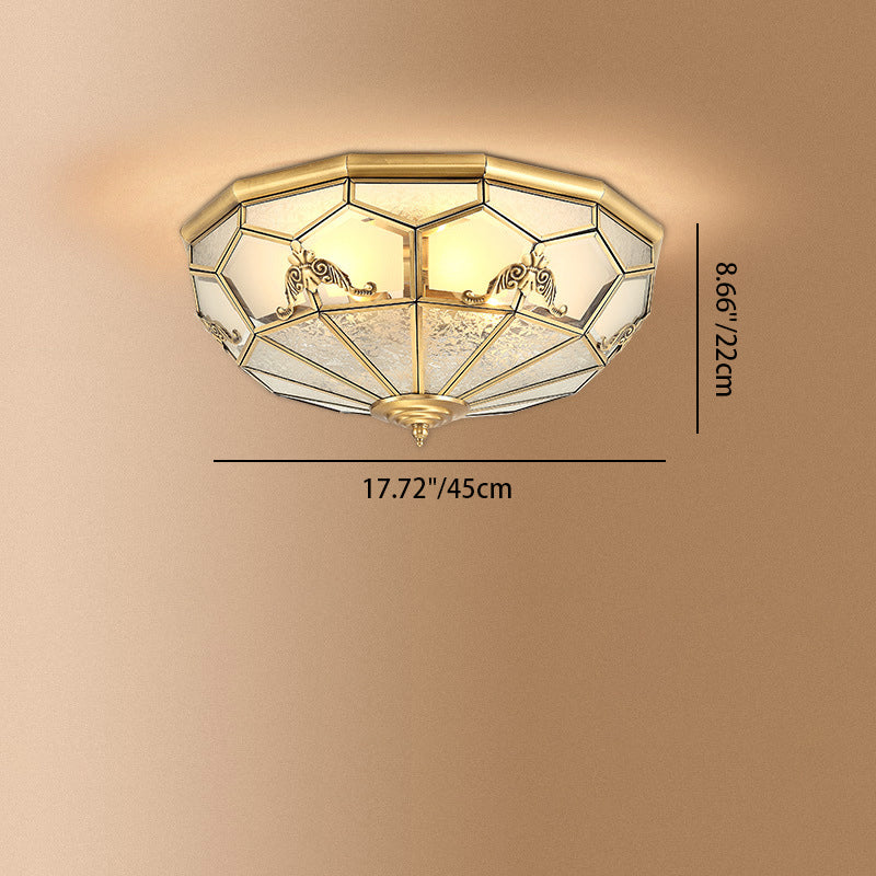 Traditional Vintage Half Circle Umbrella Striped Patterned Copper Glass 3/4/6 Light Flush Mount Ceiling Light For Living Room