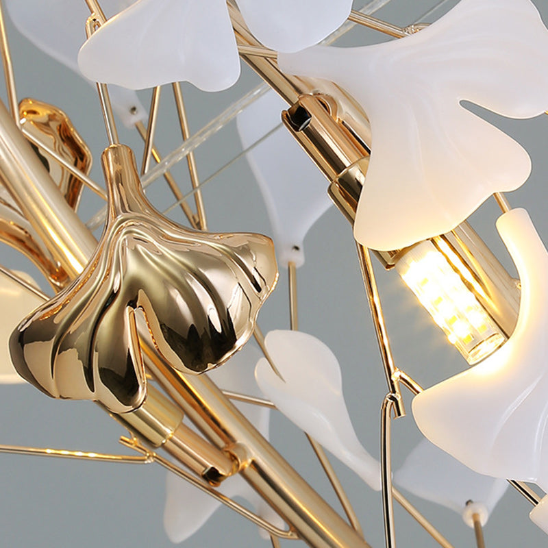 Contemporary Scandinavian Tree Branch Ginkgo Leaf Iron Plastic Porcelain 8-Light Chandelier For Living Room