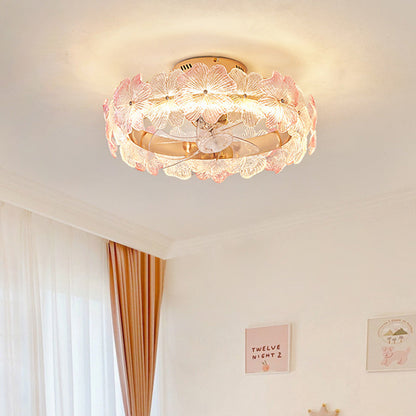 Contemporary Creative Round Circle Flower Hardware Glass ABS Fan Blade LED Semi-Flush Mount Ceiling Fan Light For Bedroom