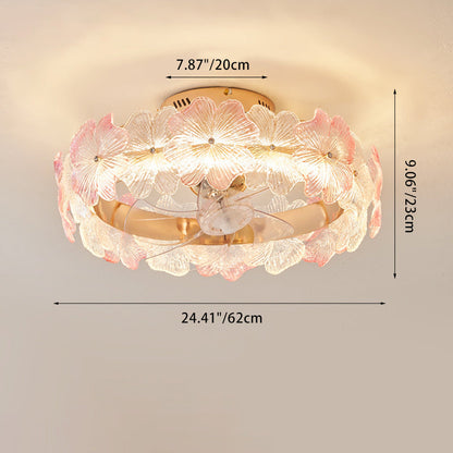 Contemporary Creative Round Circle Flower Hardware Glass ABS Fan Blade LED Semi-Flush Mount Ceiling Fan Light For Bedroom