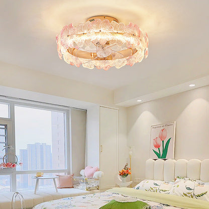 Contemporary Creative Round Circle Flower Hardware Glass ABS Fan Blade LED Semi-Flush Mount Ceiling Fan Light For Bedroom