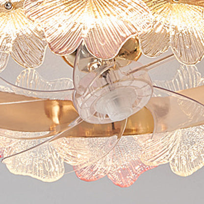 Contemporary Creative Round Circle Flower Hardware Glass ABS Fan Blade LED Semi-Flush Mount Ceiling Fan Light For Bedroom