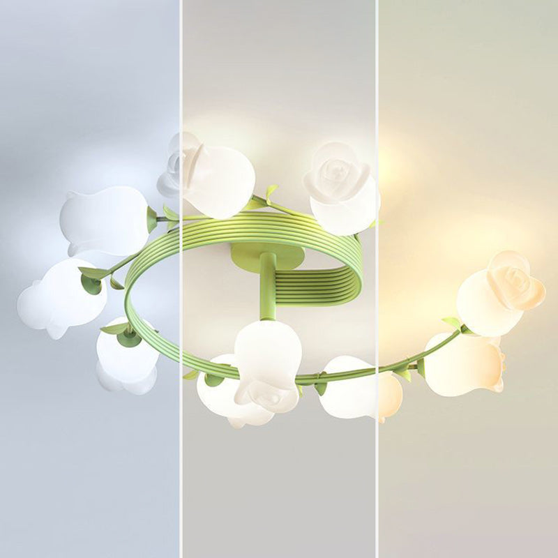 Contemporary Creative Branch Rose Flower Long Iron PE 4/5/6/10 Light Semi-Flush Mount Ceiling Light For Living Room