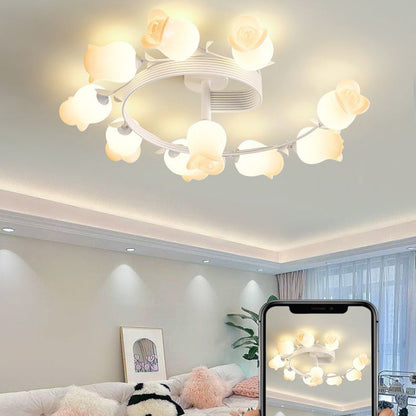 Contemporary Creative Branch Rose Flower Long Iron PE 4/5/6/10 Light Semi-Flush Mount Ceiling Light For Living Room