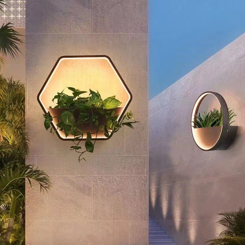 مصباح حائط خارجي LED من الفولاذ المقاوم للصدأ والألومنيوم بتصميم إسكندنافي معاصر مقاوم للماء دائري سداسي الشكل شبه منحرف للحديقة 