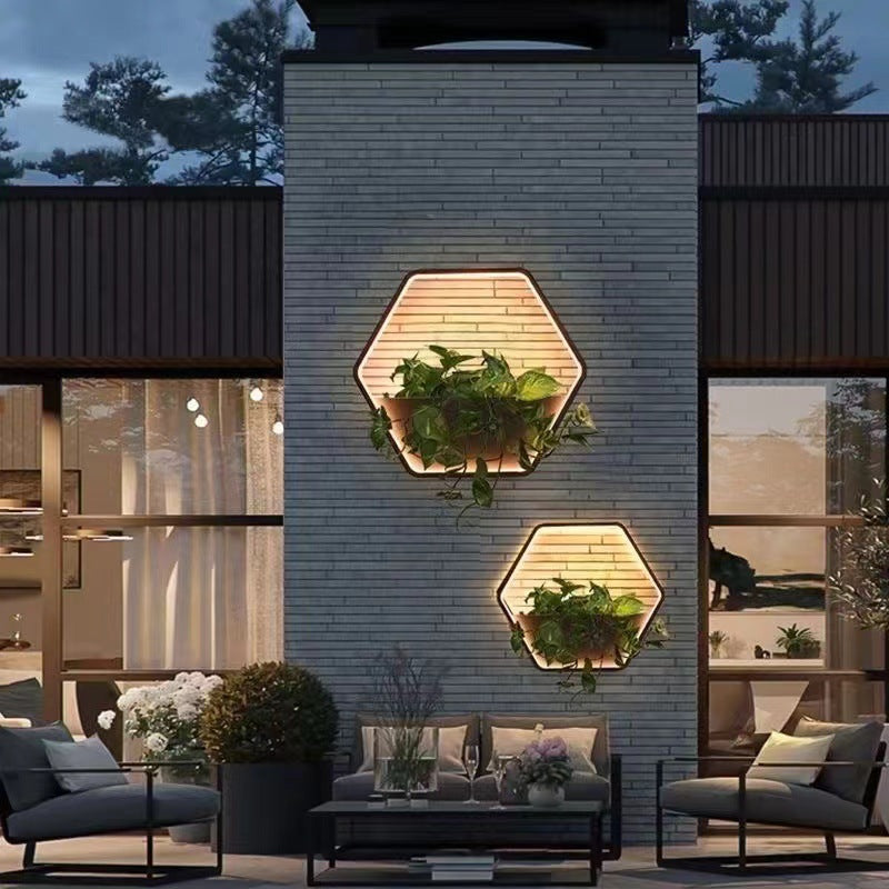 مصباح حائط خارجي LED من الفولاذ المقاوم للصدأ والألومنيوم بتصميم إسكندنافي معاصر مقاوم للماء دائري سداسي الشكل شبه منحرف للحديقة 
