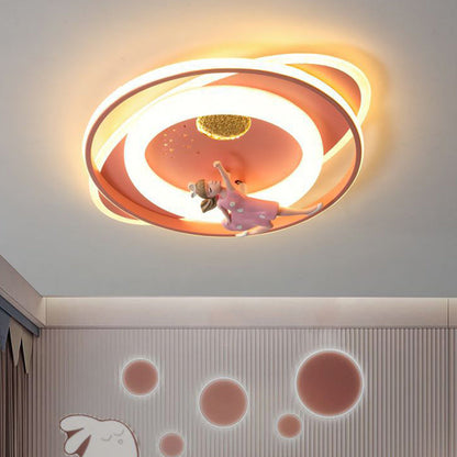 Contemporary Creative Cartoon Kids Astronaut Rocket Princess Round Oval Iron Acrylic LED Flush Mount Ceiling Light For Bedroom