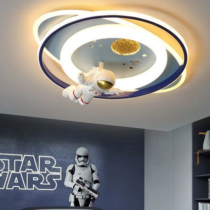 Contemporary Creative Cartoon Kids Astronaut Rocket Princess Round Oval Iron Acrylic LED Flush Mount Ceiling Light For Bedroom