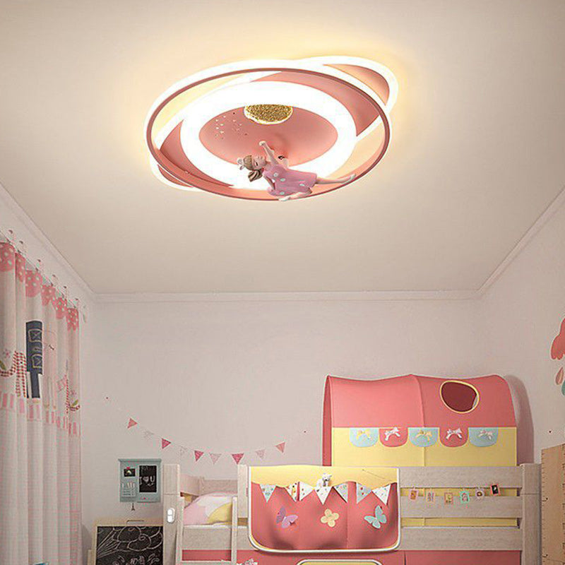 Contemporary Creative Cartoon Kids Astronaut Rocket Princess Round Oval Iron Acrylic LED Flush Mount Ceiling Light For Bedroom