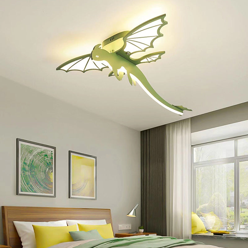 Contemporary Creative Cartoon Kids Dinosaur Oval Chassis Iron PVC Acrylic LED Semi-Flush Mount Ceiling Light Kids Light For Bedroom