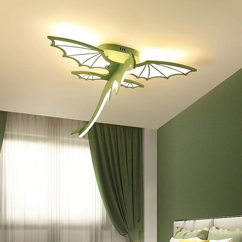 Contemporary Creative Cartoon Kids Dinosaur Oval Chassis Iron PVC Acrylic LED Semi-Flush Mount Ceiling Light Kids Light For Bedroom