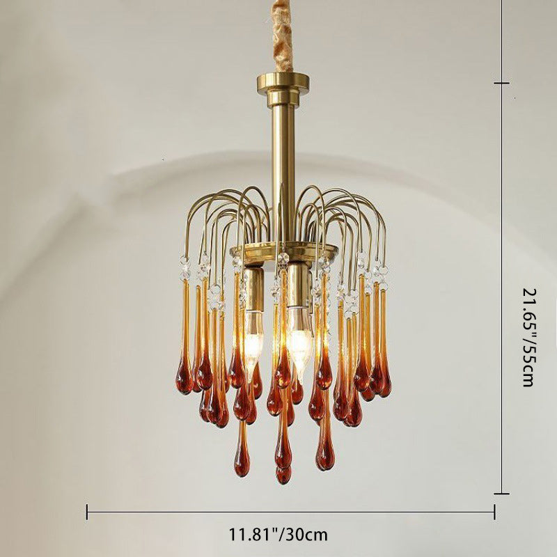 Traditional Vintage Branch Cylinder Tear Drop Copper Glass 3/4/6/12 Light Chandelier For Living Room