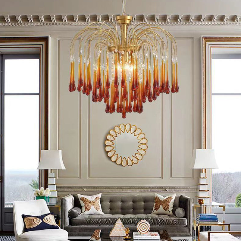 Traditional Vintage Branch Cylinder Tear Drop Copper Glass 3/4/6/12 Light Chandelier For Living Room