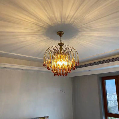 Traditional Vintage Branch Cylinder Tear Drop Copper Glass 3/4/6/12 Light Chandelier For Living Room