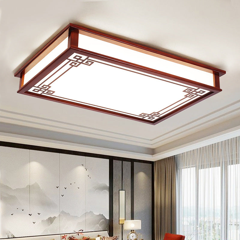 伝統的な中国風長方形正方形模様の木製PVC LEDフラッシュマウントシーリングライト（リビングルーム用）