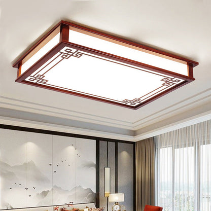 伝統的な中国風長方形正方形模様の木製PVC LEDフラッシュマウントシーリングライト（リビングルーム用）